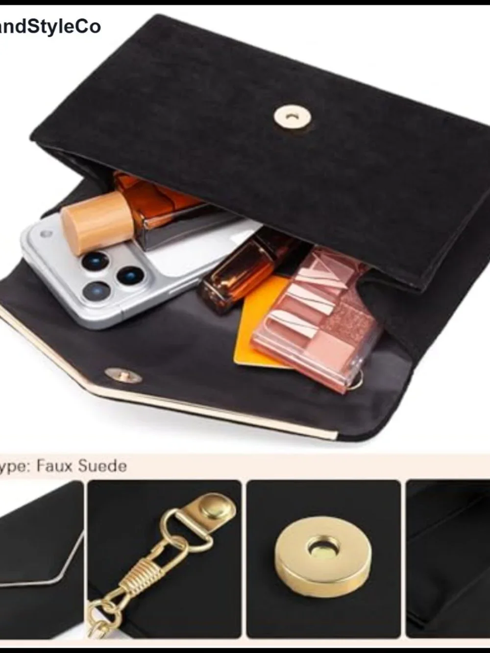 Clutch Purse for Women Evening Bag Shoulder Crossbody Faux Suede Gold Trim